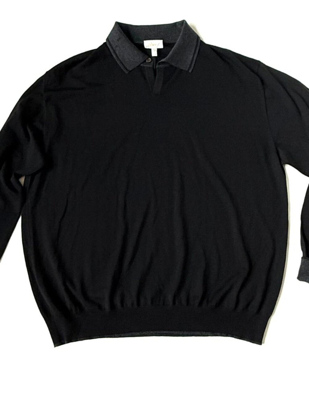 Brioni Men XXXL Black Wool Sweater Long Sleeve Gray Border Italy Pullover Collar